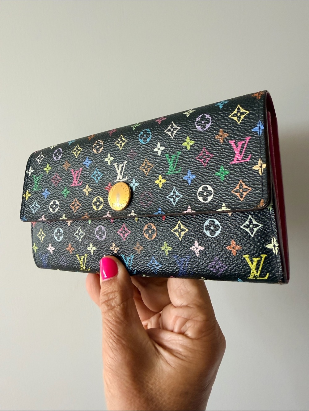 Louis Vuitton Brown Multicolor Monogram Continental Wallet interior pink